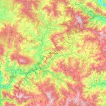 Mapa topográfico Almora, altitude, relevo