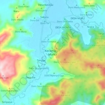 Mapa topográfico Kecamatan Monta, altitude, relevo