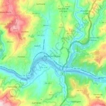 Mapa topográfico Peso da Régua, altitude, relevo