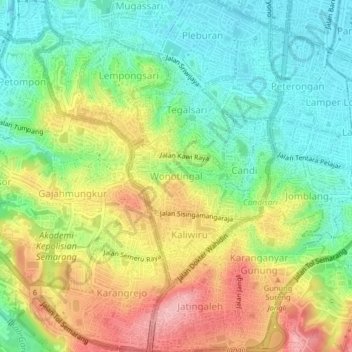 Mapa topográfico Wonotingal, altitude, relevo