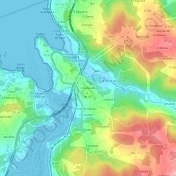Mapa topográfico Montecelo, altitude, relevo