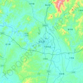 Mapa topográfico 平江县, altitude, relevo