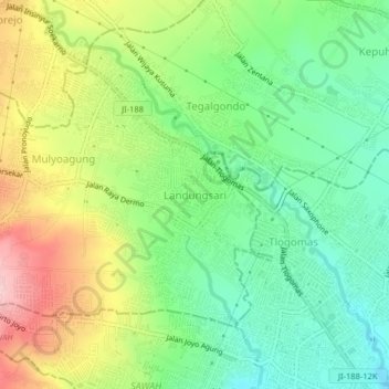 Mapa topográfico Landungsari, altitude, relevo
