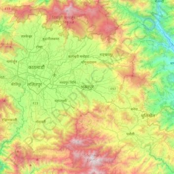 Mapa topográfico Bhaktapur, altitude, relevo