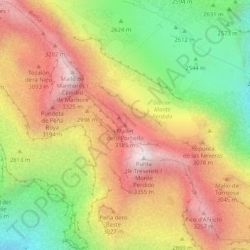 Mapa topográfico Doigt du Mont Perdu, altitude, relevo