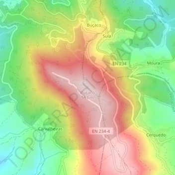 Mapa topográfico Buçaco, altitude, relevo