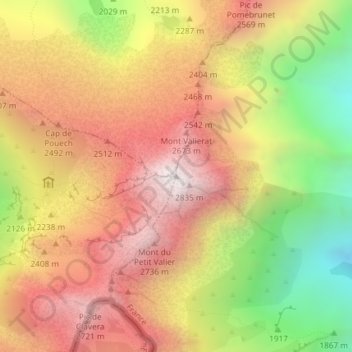 Mapa topográfico Mont Valier, altitude, relevo