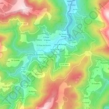 Mapa topográfico O Pontón, altitude, relevo