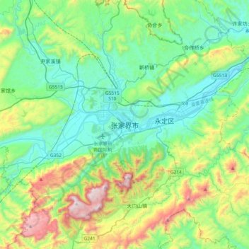 Mapa topográfico Zhangjiajie, altitude, relevo