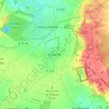 Mapa topográfico Escoville, altitude, relevo