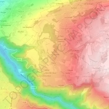 Mapa topográfico Les Thièzes, altitude, relevo