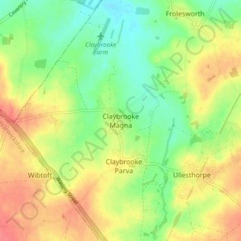 Mapa topográfico Claybrooke Magna, altitude, relevo
