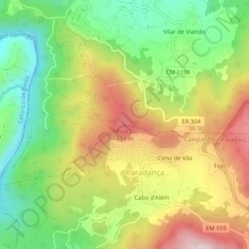 Mapa topográfico Montão, altitude, relevo