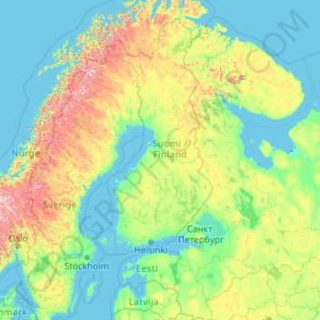 Mapa topográfico Finlândia, altitude, relevo