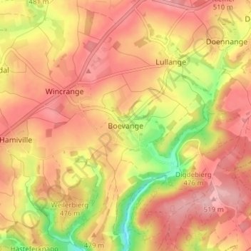 Mapa topográfico Boevange, altitude, relevo