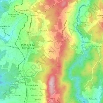 Mapa topográfico Alviães, altitude, relevo
