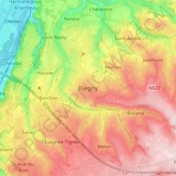 Mapa topográfico Blegny, altitude, relevo