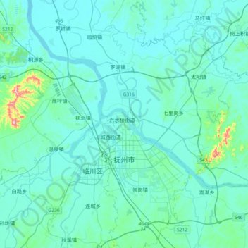 Mapa topográfico Fuzhou, altitude, relevo