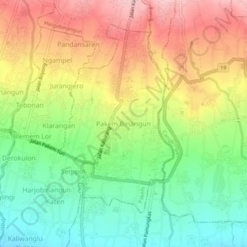 Mapa topográfico Pakem Binangun, altitude, relevo