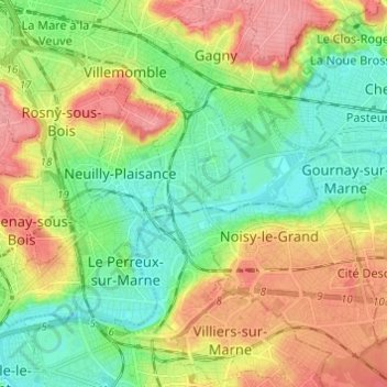 Mapa topográfico Neuilly-sur-Marne, altitude, relevo
