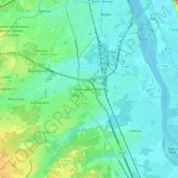Mapa topográfico Villenave-d'Ornon, altitude, relevo