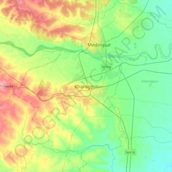 Mapa topográfico Kharagpur, altitude, relevo