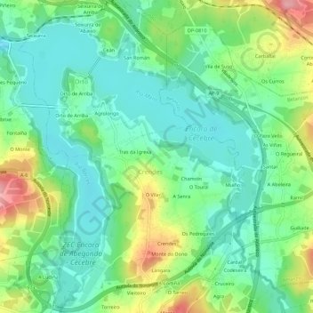 Mapa topográfico O Covelo, altitude, relevo