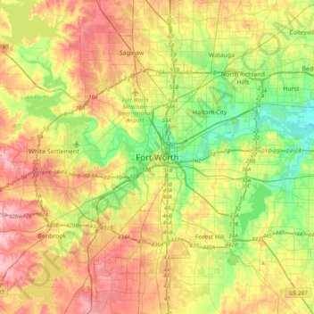 Mapa topográfico Fort Worth, altitude, relevo