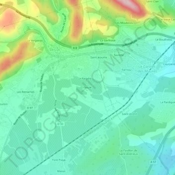 Mapa topográfico Pioule, altitude, relevo