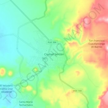 Mapa topográfico Ciudad Serdán, altitude, relevo