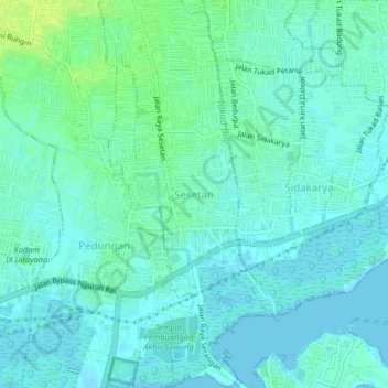 Mapa topográfico Sesetan, altitude, relevo