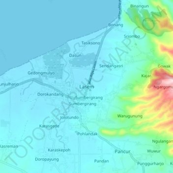 Mapa topográfico Lasem, altitude, relevo