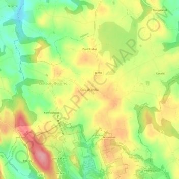 Mapa topográfico Croix de Kerlan, altitude, relevo