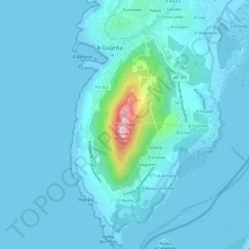 Mapa topográfico Santa Trega, altitude, relevo