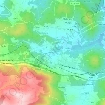 Mapa topográfico Os Carballás, altitude, relevo