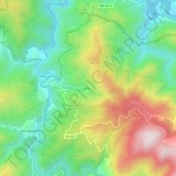 Mapa topográfico Telhe, altitude, relevo