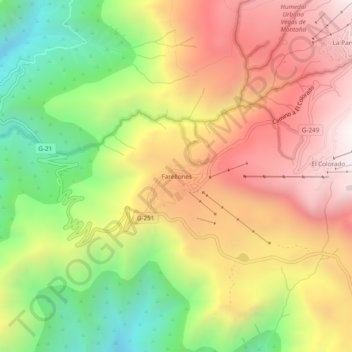Mapa topográfico Farellones, altitude, relevo