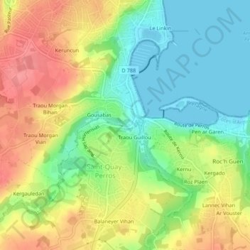 Mapa topográfico Pont Couennec, altitude, relevo