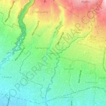 Mapa topográfico Ciwaruga, altitude, relevo