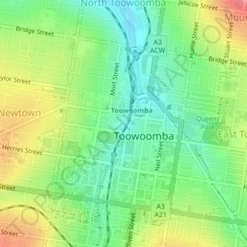 Mapa topográfico Toowoomba City, altitude, relevo