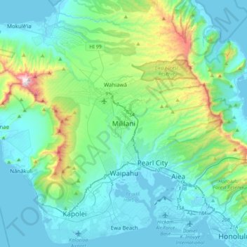 Mapa topográfico Mililani, altitude, relevo