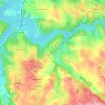 Mapa topográfico Carsac, altitude, relevo