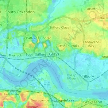Mapa topográfico Grays, altitude, relevo