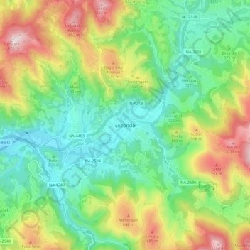 Mapa topográfico Elizondo, altitude, relevo