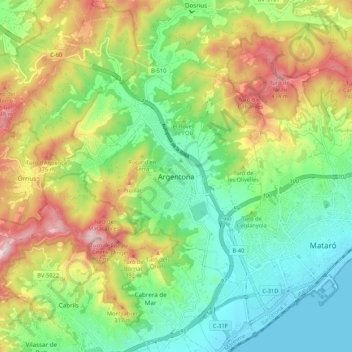 Mapa topográfico Argentona, altitude, relevo