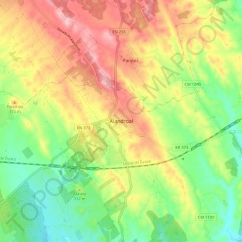 Mapa topográfico Alandroal, altitude, relevo