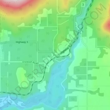 Mapa topográfico Erickson, altitude, relevo