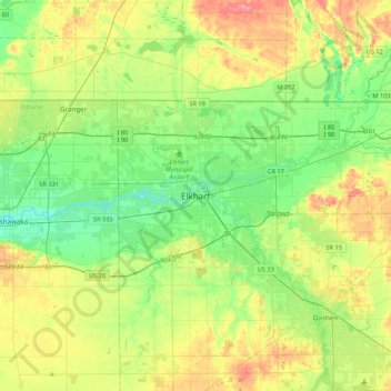 Mapa topográfico Elkhart, altitude, relevo