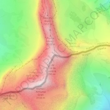 Mapa topográfico Pic de Troumouse, altitude, relevo