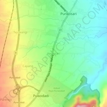 Mapa topográfico Kertosari, altitude, relevo